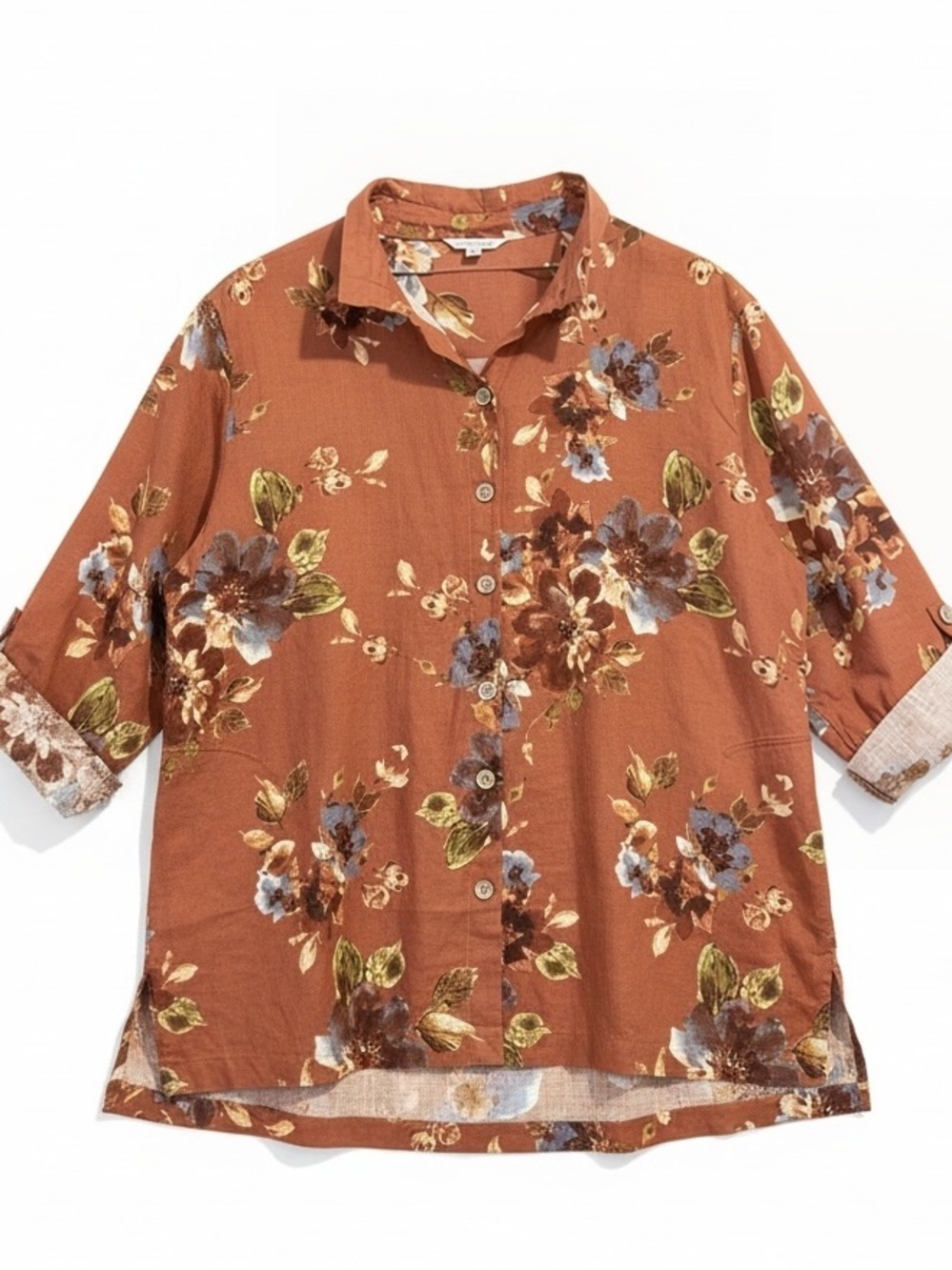 John Mark Wire Collar Floral 100%Linen Roll-Tab Sleeve Tunic Top Pockets Size XL